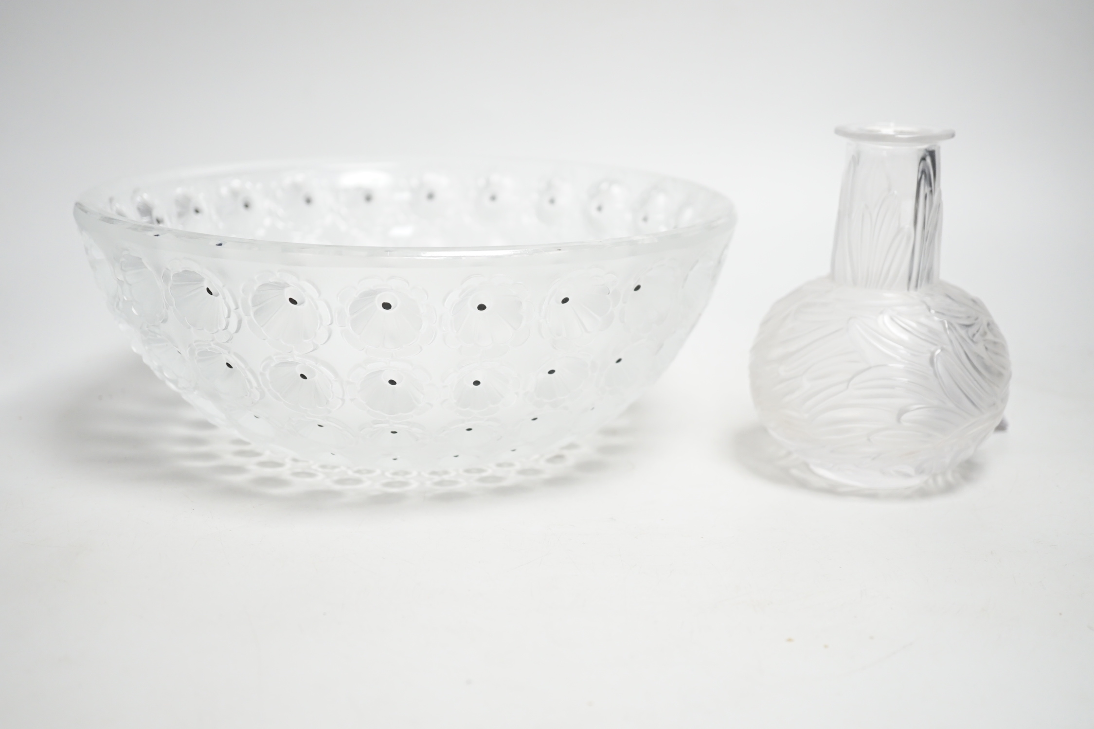 A Lalique 'Nemours' bowl, 25cm diameter and a Lalique vase, 13cm high (2)